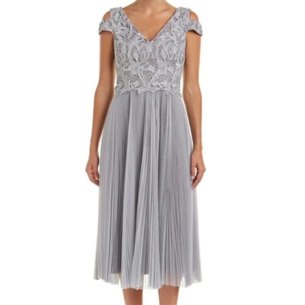 KAY UNGER MetallicLace Accordion Pleat Cold Shoulder Short Sleeve Dress, Gray